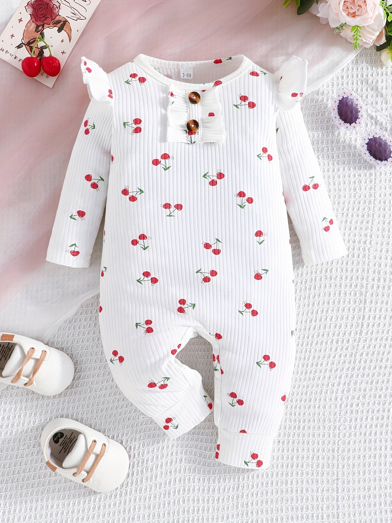 Baby Girls Floral Fruit Heart Print Ruffle Trim Romper Jumpsuit