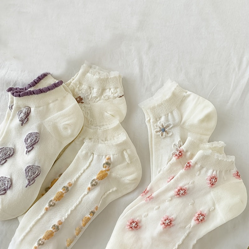 5 Pairs Floral Print Socks Comfy Ruffle Low Cut Ankle Socks Women's Stockings