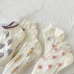 5 Pairs Floral Print Socks Comfy Ruffle Low Cut Ankle Socks Women's Stockings