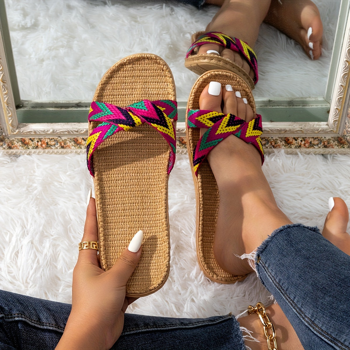 Women's Linen Cross Band Slides Open Toe Non Slip Flat Shoes