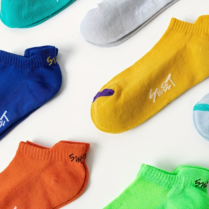 10 Pairs Boys Cotton Blend Ankle Socks Solid Letter Print
