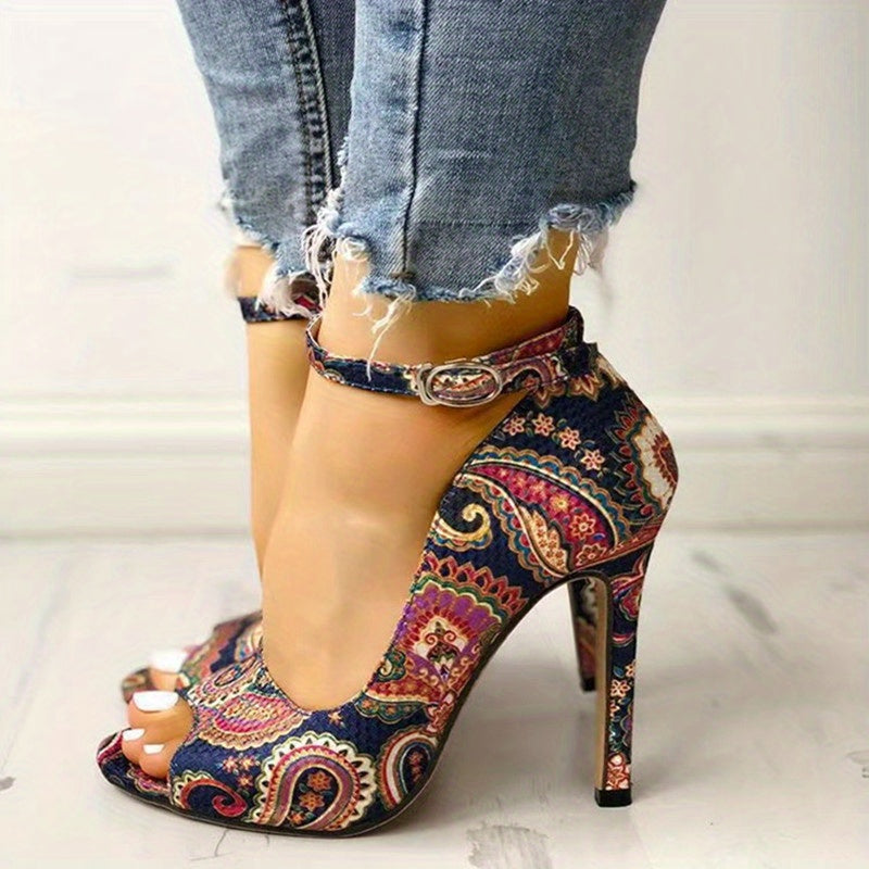Retro Flower Stiletto Heels Peep Toe Buckle Pumps Summer