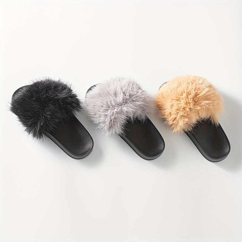 Faux Fur Decor Slippers Casual Slip On Flat Home Shoes