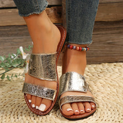 Women's Open Toe Flat Slides Casual Golden Slip On Slide Sandals
