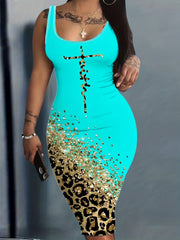 Plus Glitter Leopard & Letter Print Round Neck Slim Fit Midi Dress