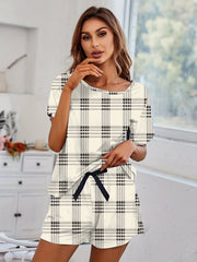 Plaid Pajama Set Crew Neck Top & Shorts Women's Sleepwear