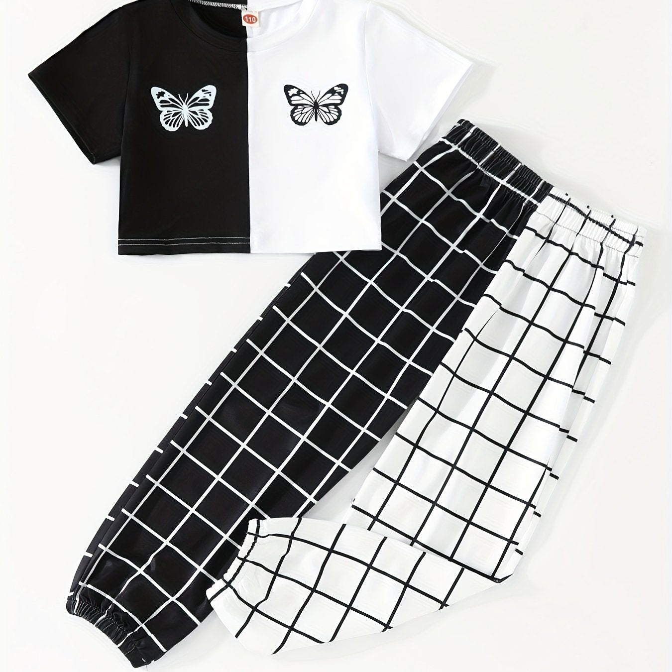 Girls Butterfly Graphic T shirt & Plaid Pants Kids Summer Clothes Set