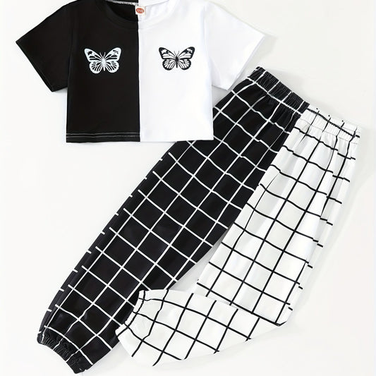 Girls Butterfly Graphic T shirt & Plaid Pants Kids Summer Clothes Set