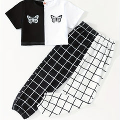 Girls Butterfly Graphic T shirt & Plaid Pants Kids Summer Clothes Set