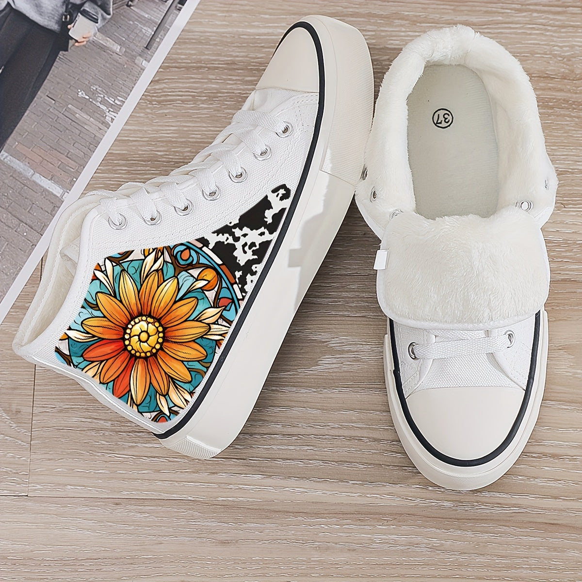 Flower Print Chunky Canvas Sneakers Plush Lined Thermal