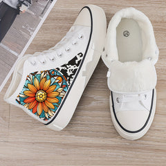 Flower Print Chunky Canvas Sneakers Plush Lined Thermal