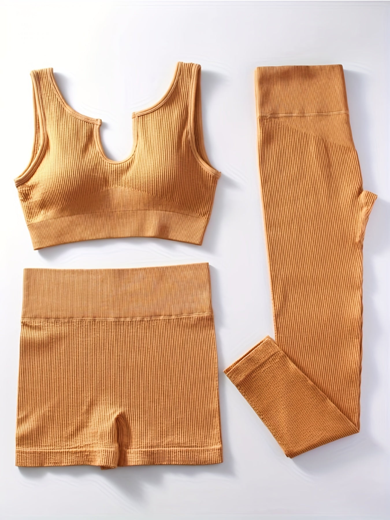 Ribbed Yoga Workout Set Sports Bra, Shorts, Leggings