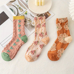 3 Pairs Floral Print Socks Mid Tube Women's Stockings