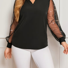 Blouse Women's Plus Solid Mesh Long Sleeve Top
