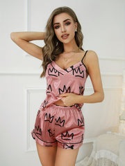 Crown Print Pajama Set V Neck Cami Top & Shorts