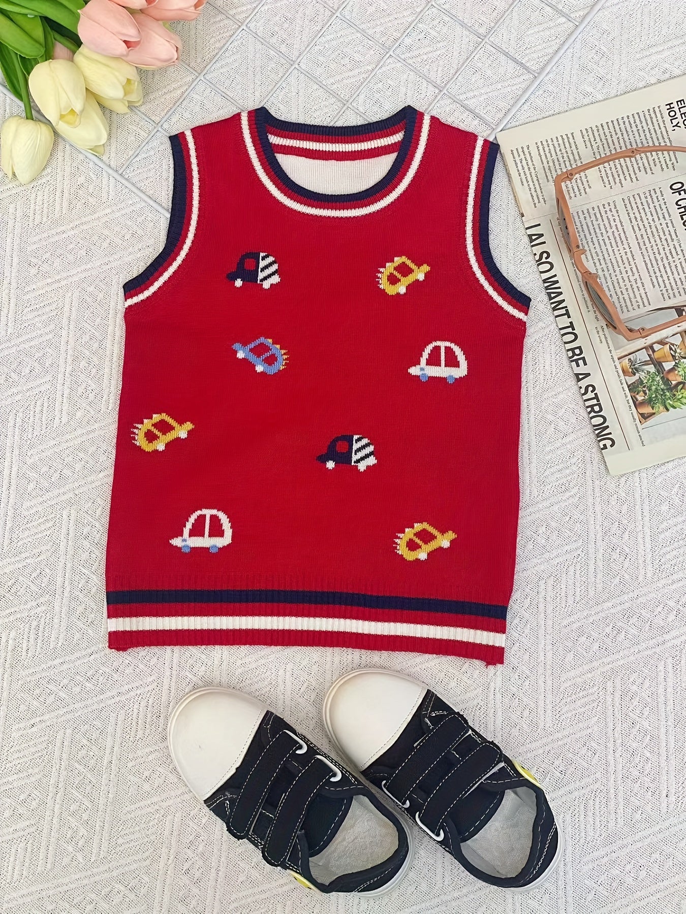 Boys Cartoon Car Graphic Print Sleeveless Sweater Vest