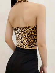 Leopard Print Halter Crop Top Summer Sleeveless