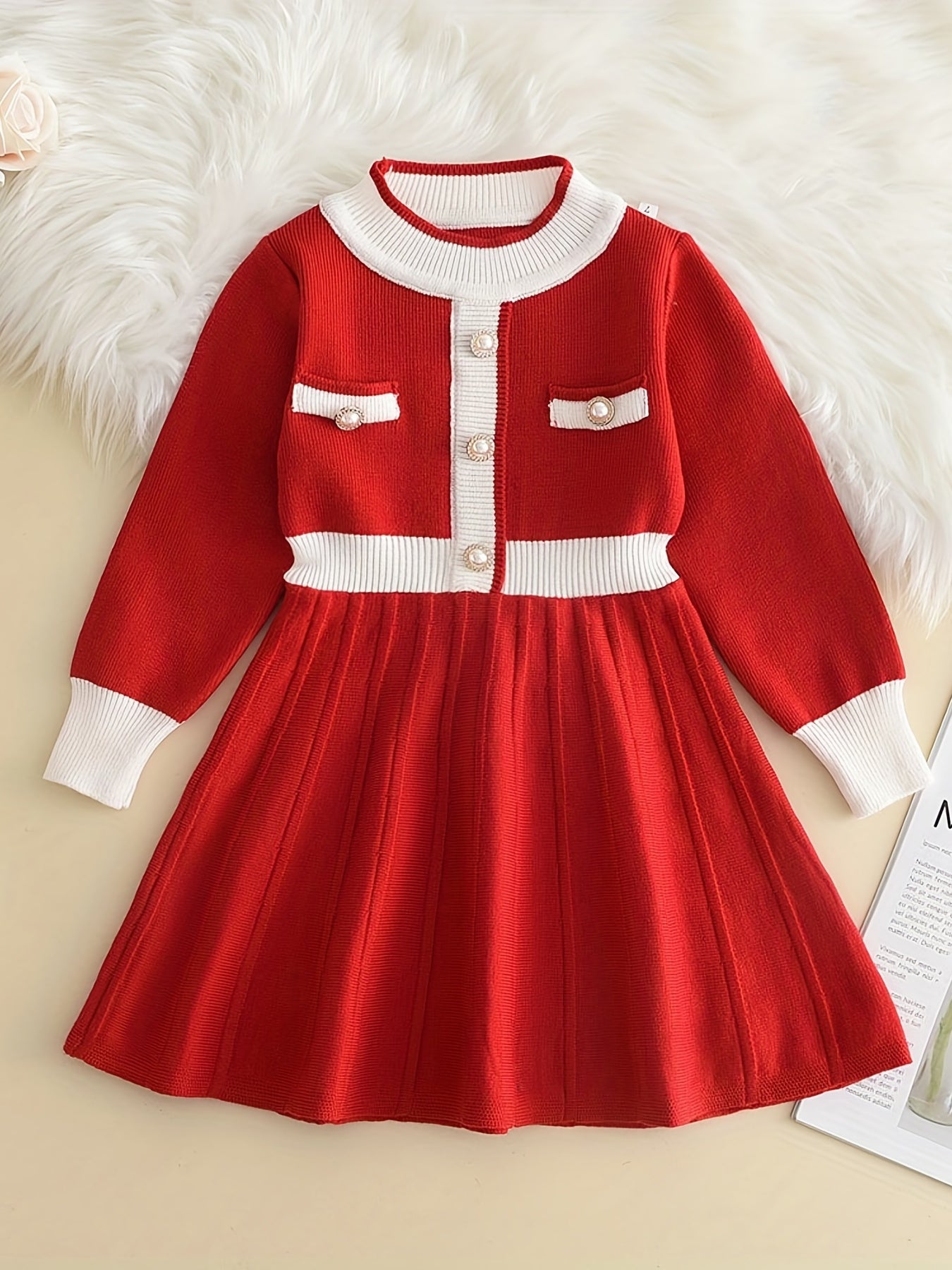 Girls' Knit Pearl Buttons Long Sleeve Sweater Dress