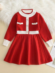 Girls' Knit Pearl Buttons Long Sleeve Sweater Dress