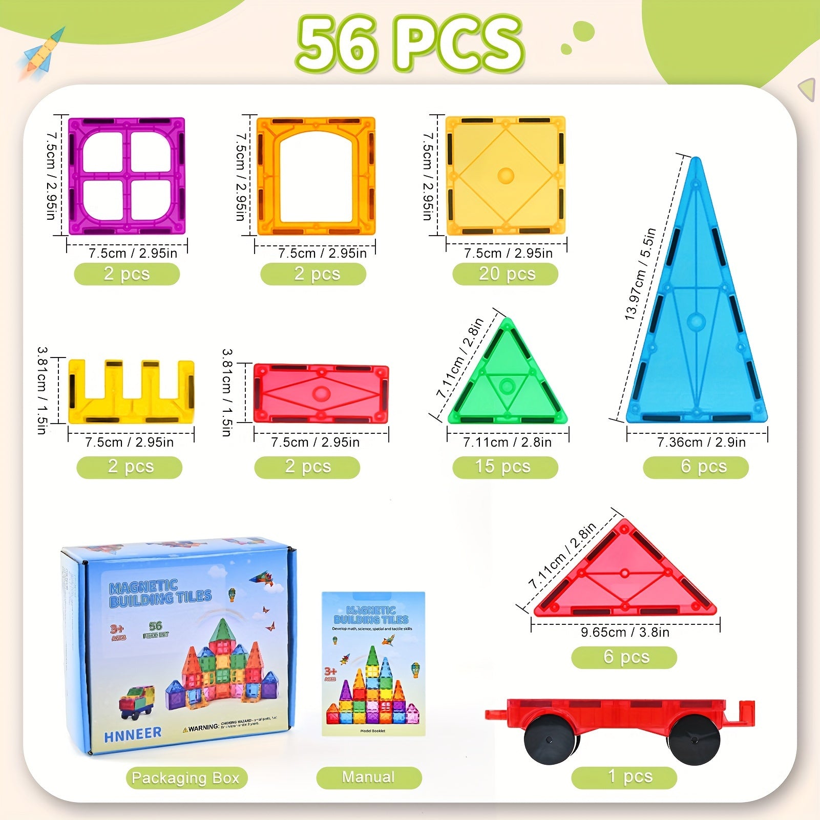 Magnetic Building Blocks 56pc Magnet Tiles for Kids Toys STME