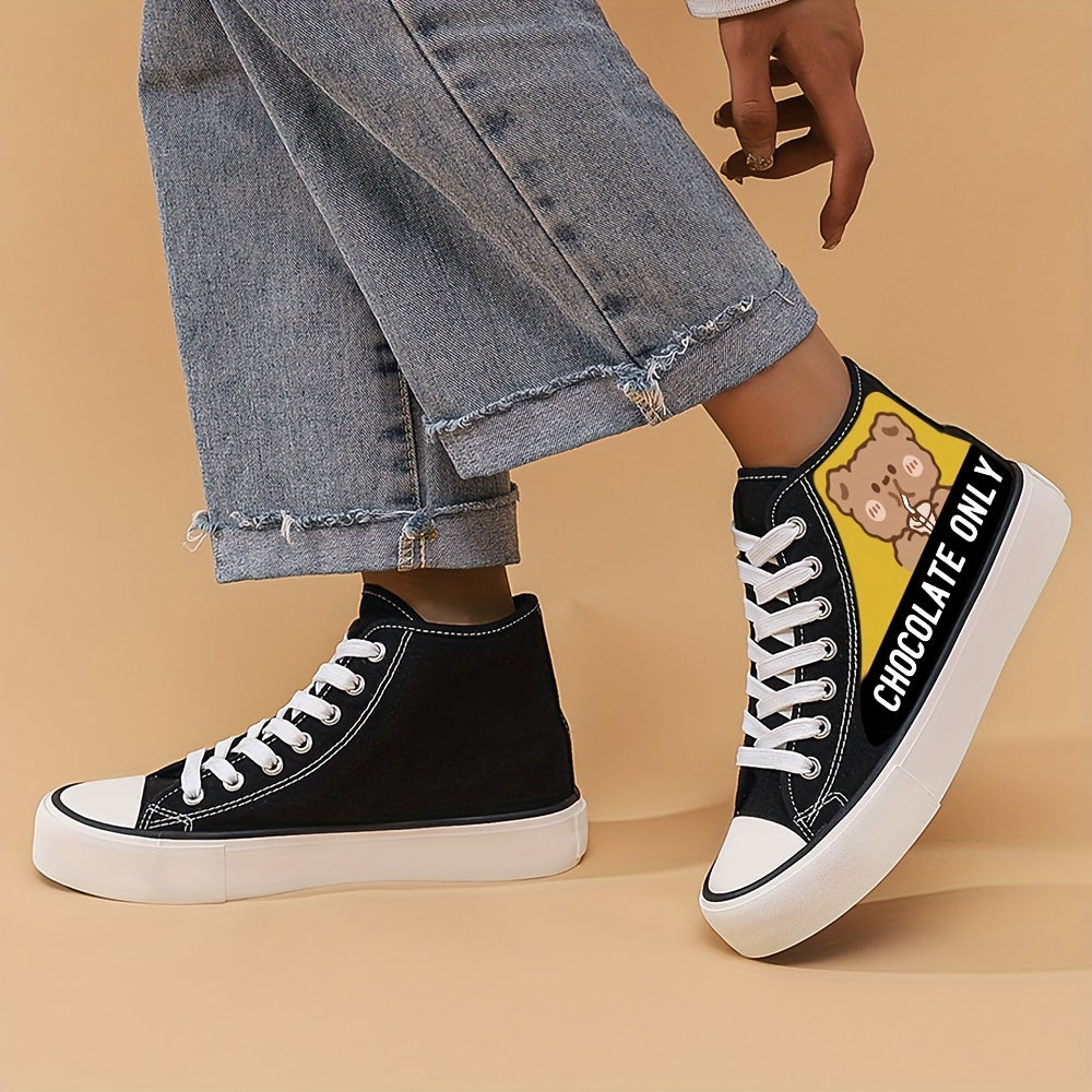 Chocolate Bear Print High Top Canvas Sneakers