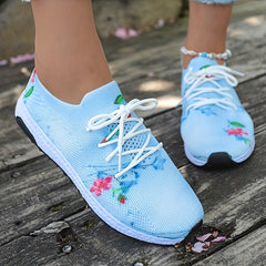 Women's Floral Print Knit Sports Shoes Lace Up Low Top Sneakers