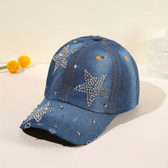 Distressed Denim Baseball Cap with Pentagram Rhinestone