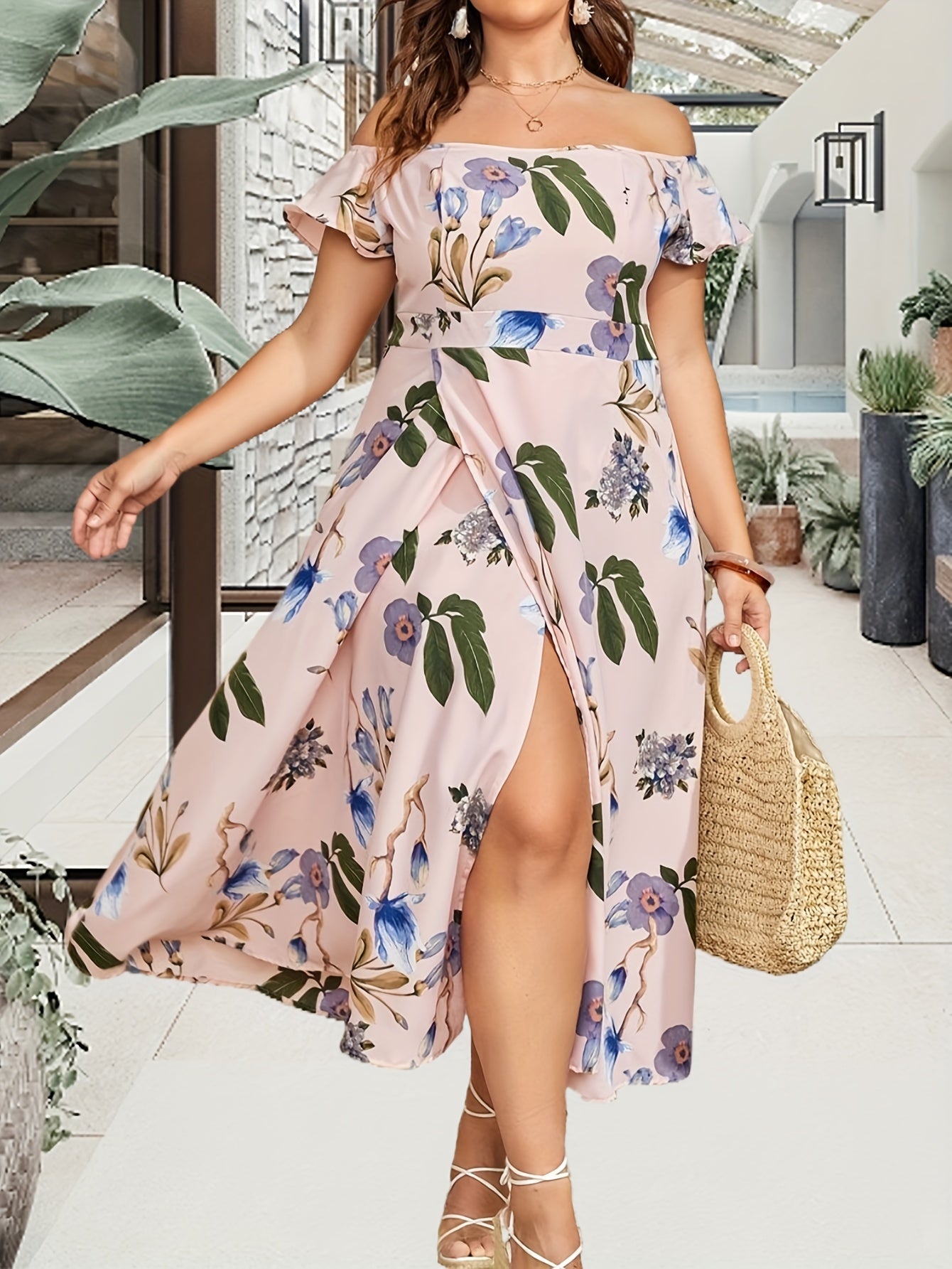 Party Dress Women's Plus Floral Print Off Shoulder Midi Dress