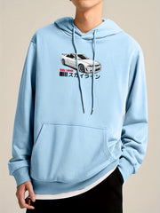 Japanese Characters & Car Print Hoodie for Men