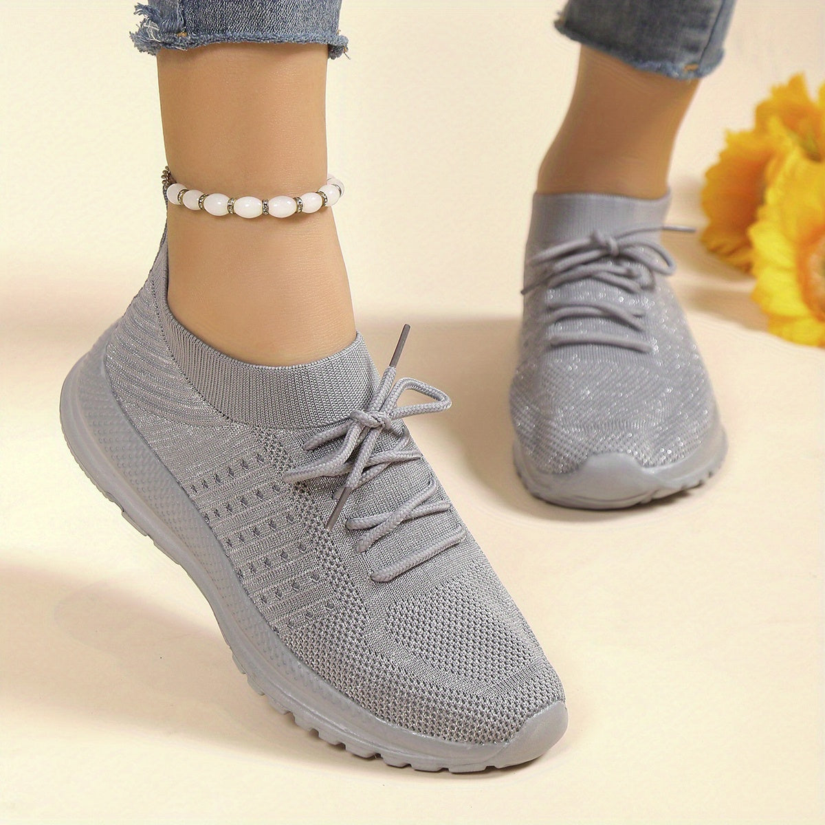 Women's Solid Knit Walking Shoes Lace Up Gym Athletic Sneakers