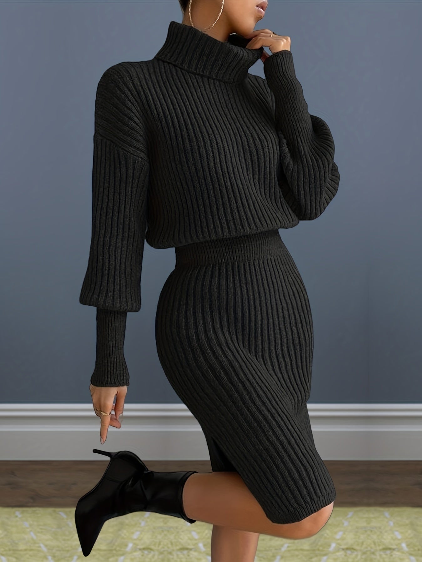 Solid Turtleneck Split Long Sleeve Dress