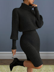 Solid Turtleneck Split Long Sleeve Dress