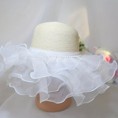 Pearl Decor Straw Sun Hat Ruffles Lace Mesh Beach Hat for Women