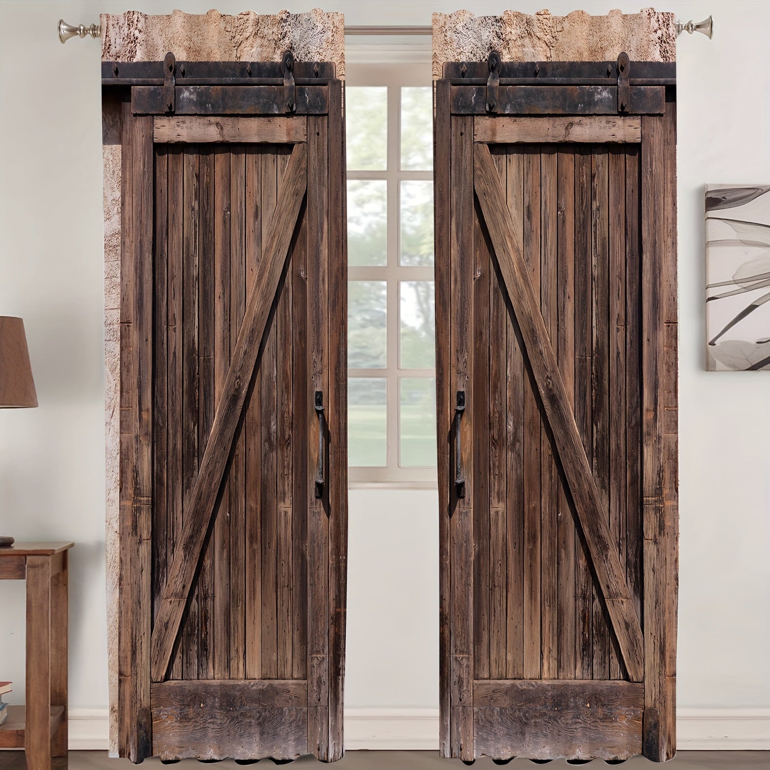 2pcs Vintage Wooden Door Printed Window Curtains - Rod Pocket Style