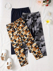 3pcs Girls Skinny Legging Pants in Camouflage, Solid Khaki and Other Colors