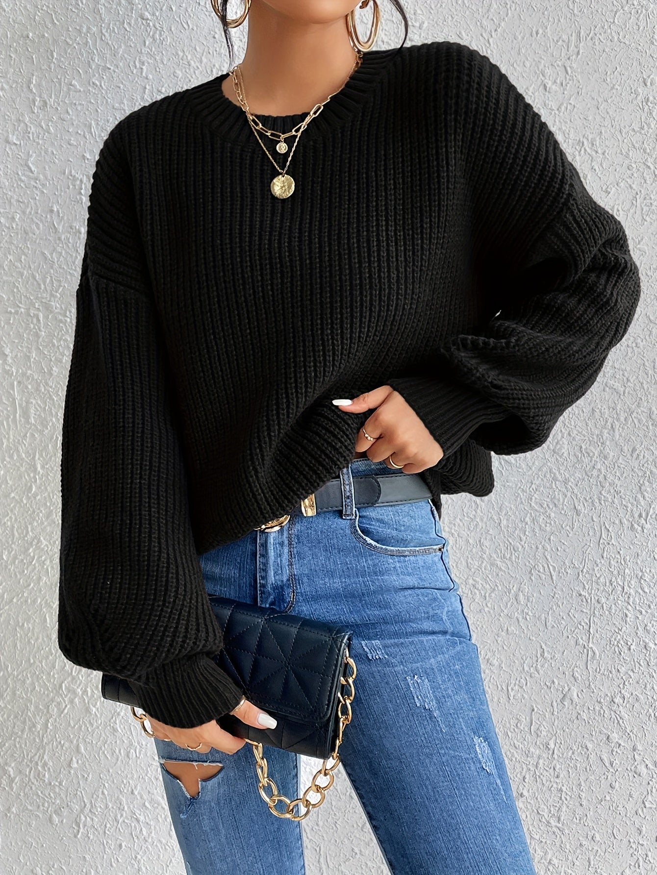 Solid Crew Neck Pullover Sweater Long Sleeve Winter Women's Clothing