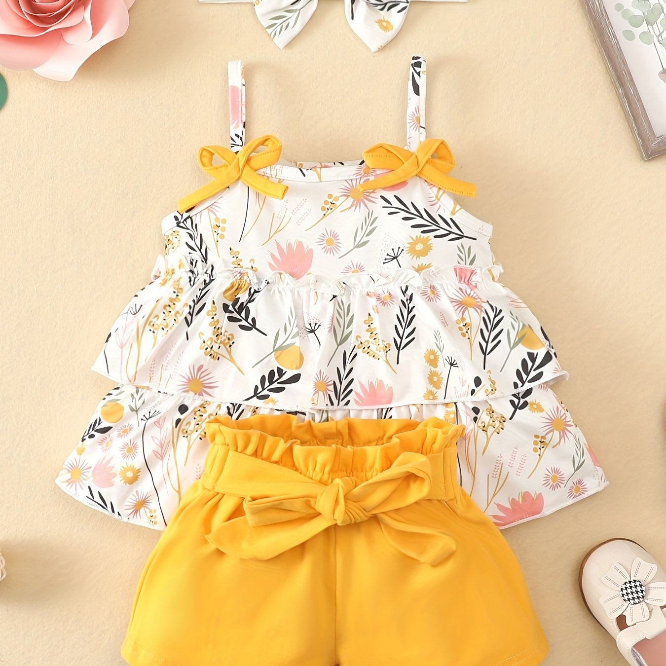 3pcs Baby Girls Botanical Flowers Graphic Cami Shorts Set