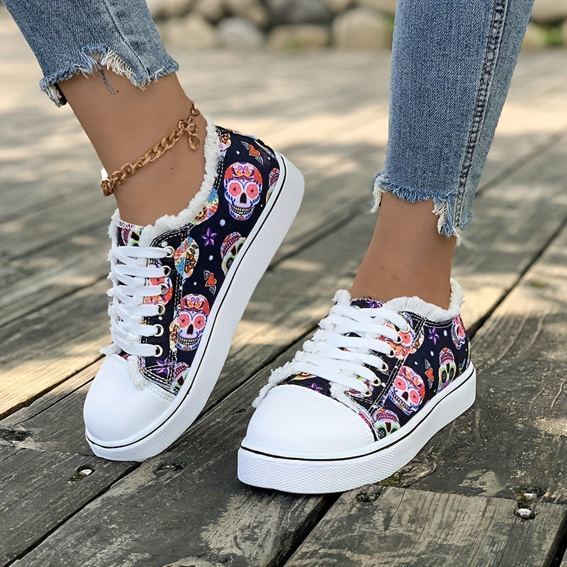 Women's Flat Canvas Sneakers Halloween Skull Pattern Low Top Shoes