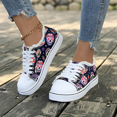 Women's Flat Canvas Sneakers Halloween Skull Pattern Low Top Shoes