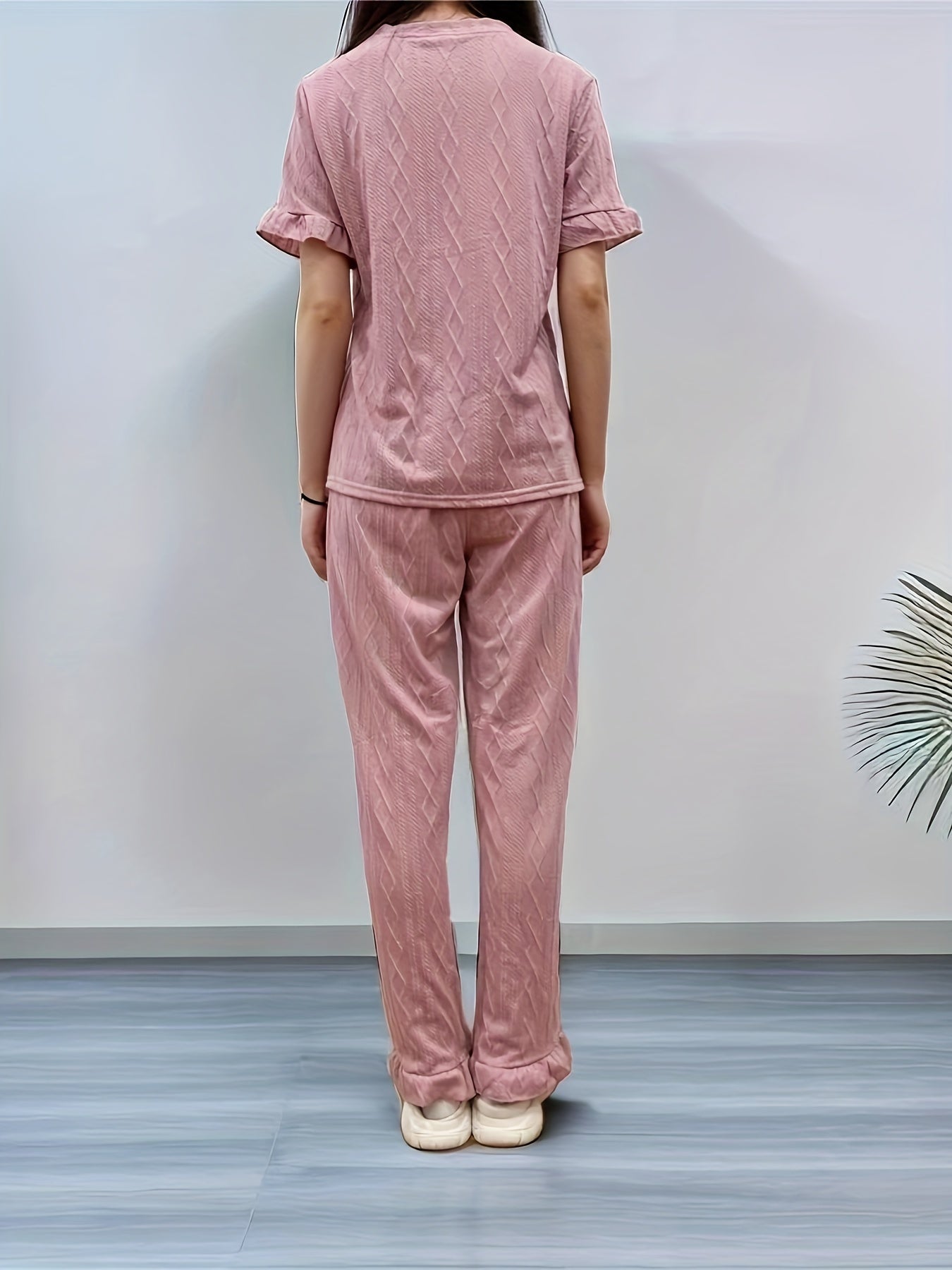 Argyle Print Pajama Set Short Sleeve Crew Neck Top & Ruffle Pants