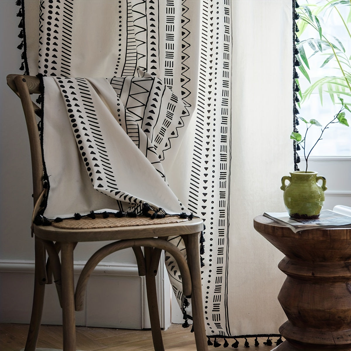 Geometric Rod Pocket Curtains With Tassels Boho Style