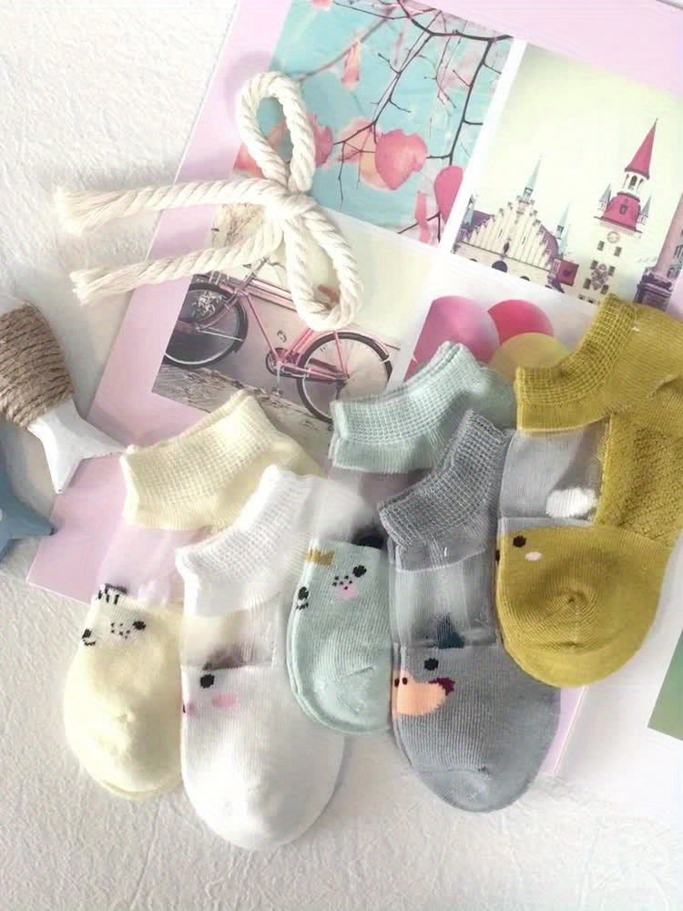 5 Pairs Boy's Cartoon Animal Thin Crew Socks Cotton Blend Comfy Casual Style