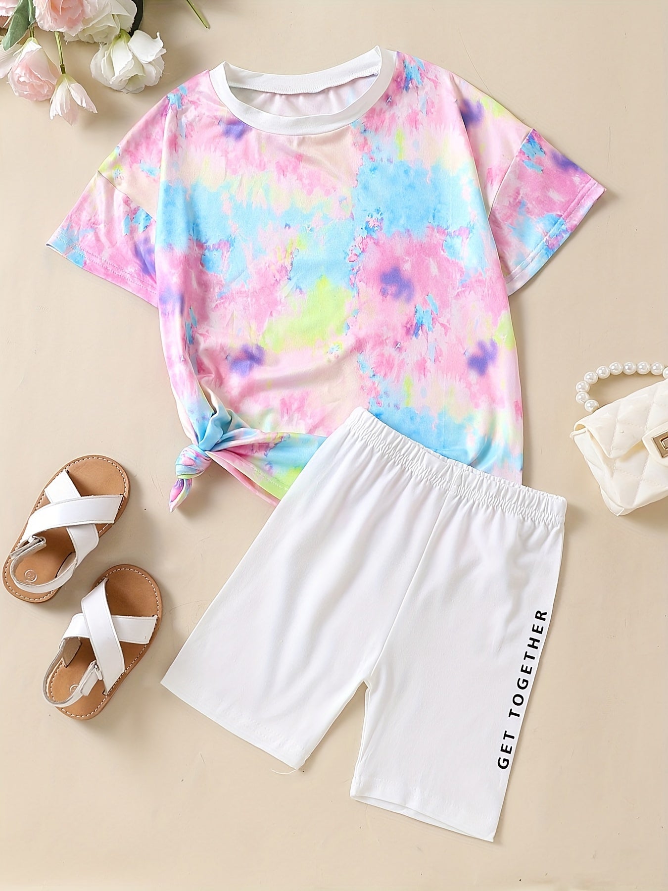 2 Pcs Girls Tie Dye Shorts Set Short Sleeve T shirt & Leggings
