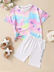 2 Pcs Girls Tie Dye Shorts Set Short Sleeve T shirt & Leggings