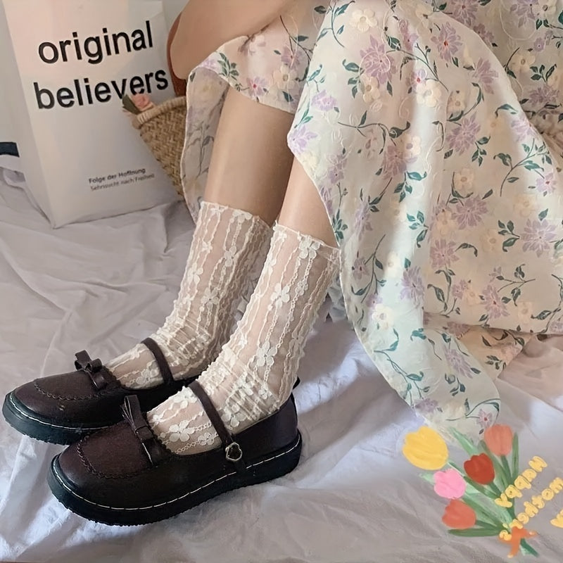 Floral Mesh Socks - Women's Mid Tube Stockings & Hosiery