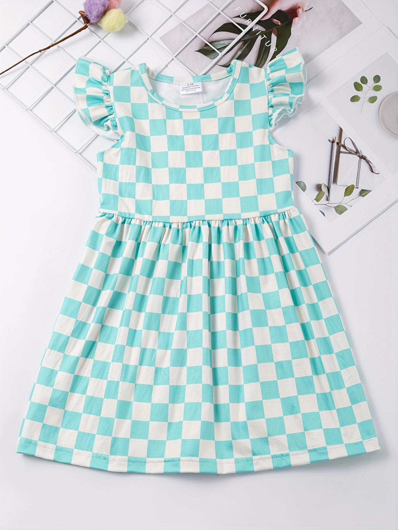 Toddler Girls Ruffled Sleeves Smile Face Flowers Plaid Dress