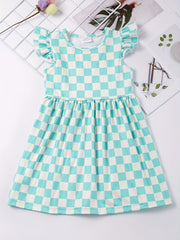 Toddler Girls Ruffled Sleeves Smile Face Flowers Plaid Dress