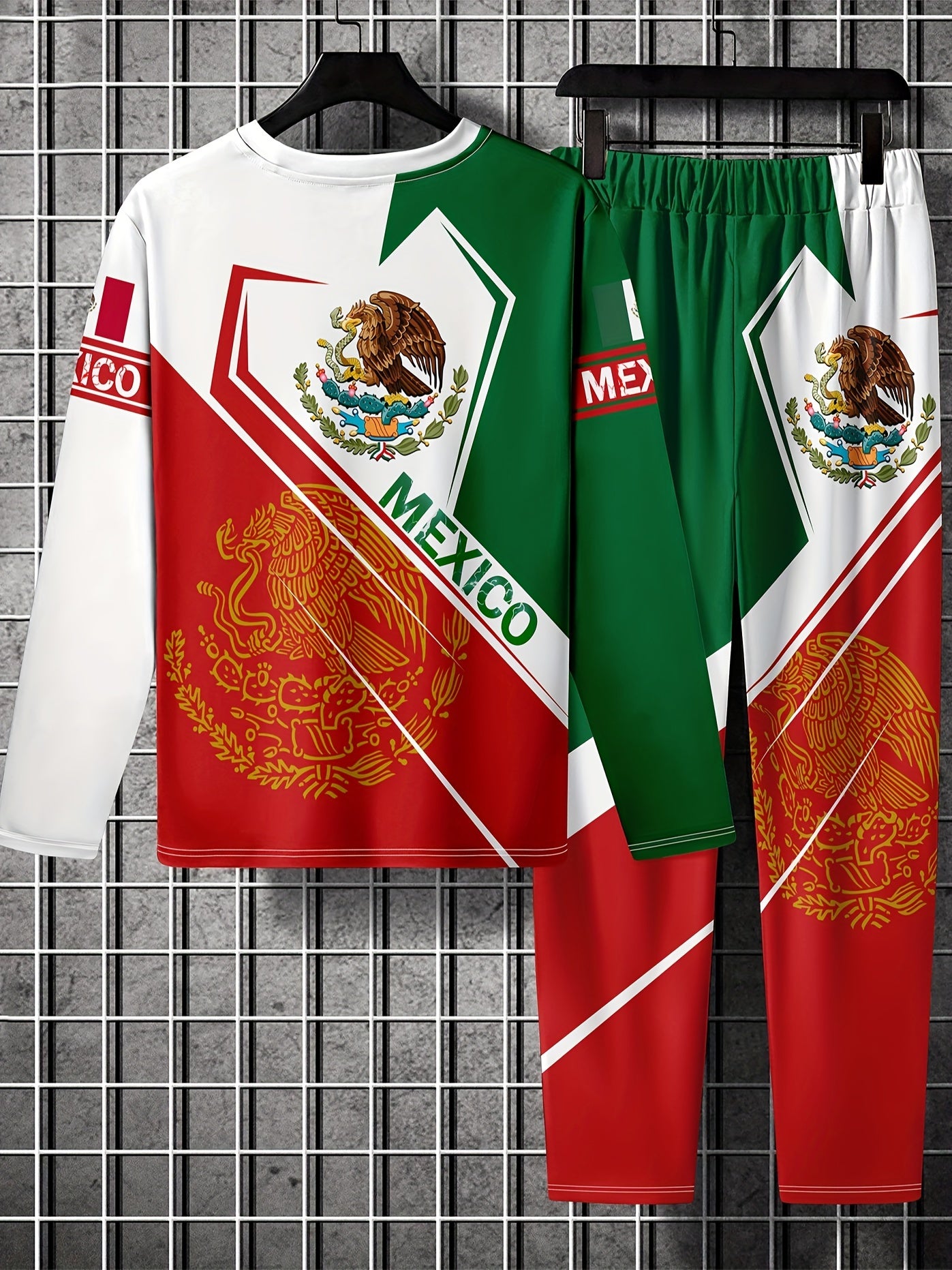 Mexico Eagle Pattern Men's 2 Piece Outfits Long Sleeve T-shirt & Sweatpants Set