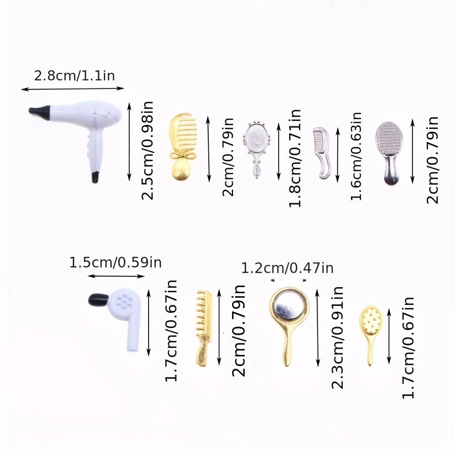 Alloy Dollhouse Hairdressing Set with Comb, Mirror, Dryer & Brush
