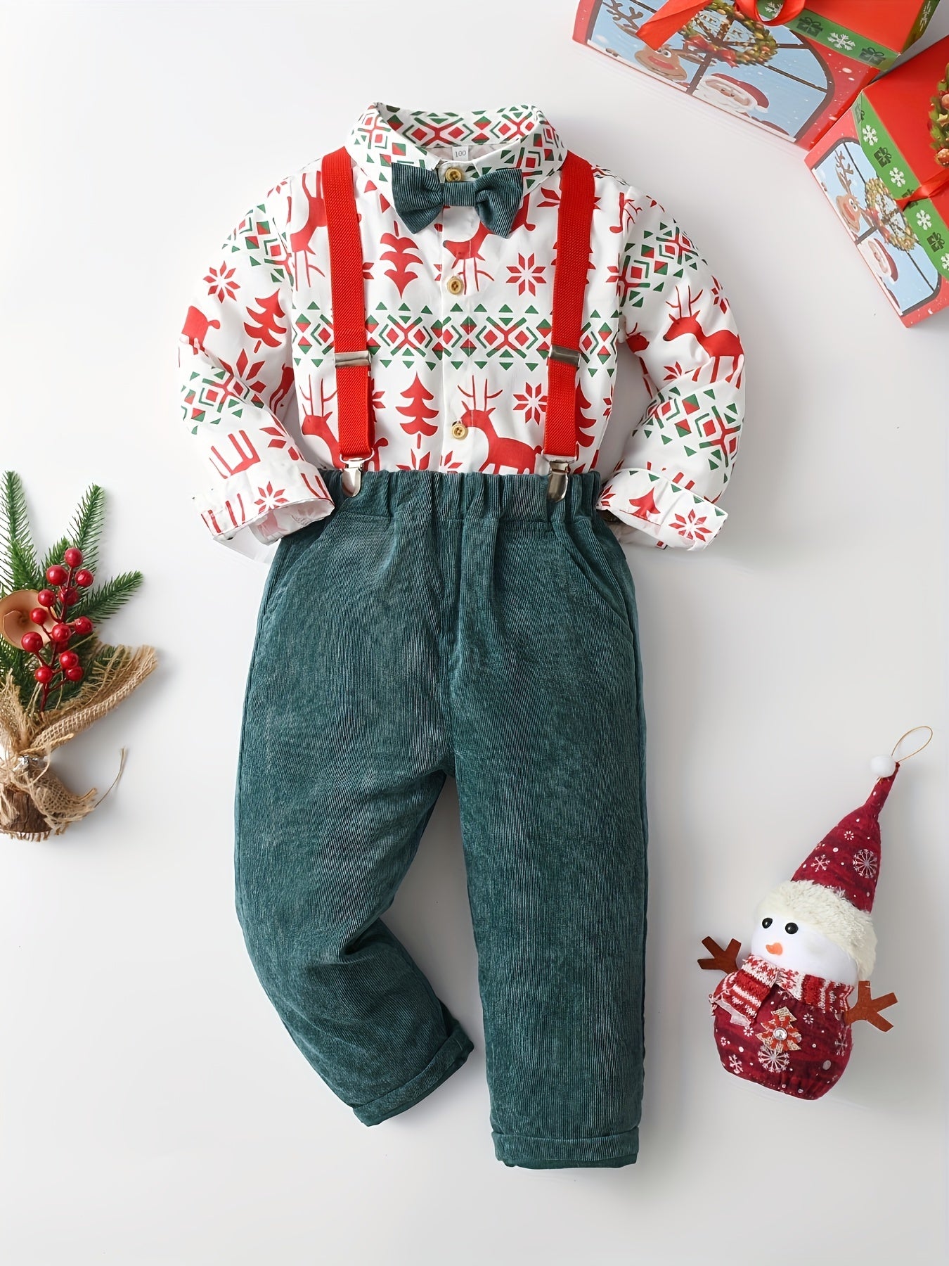 Boy's Christmas 2pcs Bow Tie Shirt & Corduroy Overalls Set Elk Print
